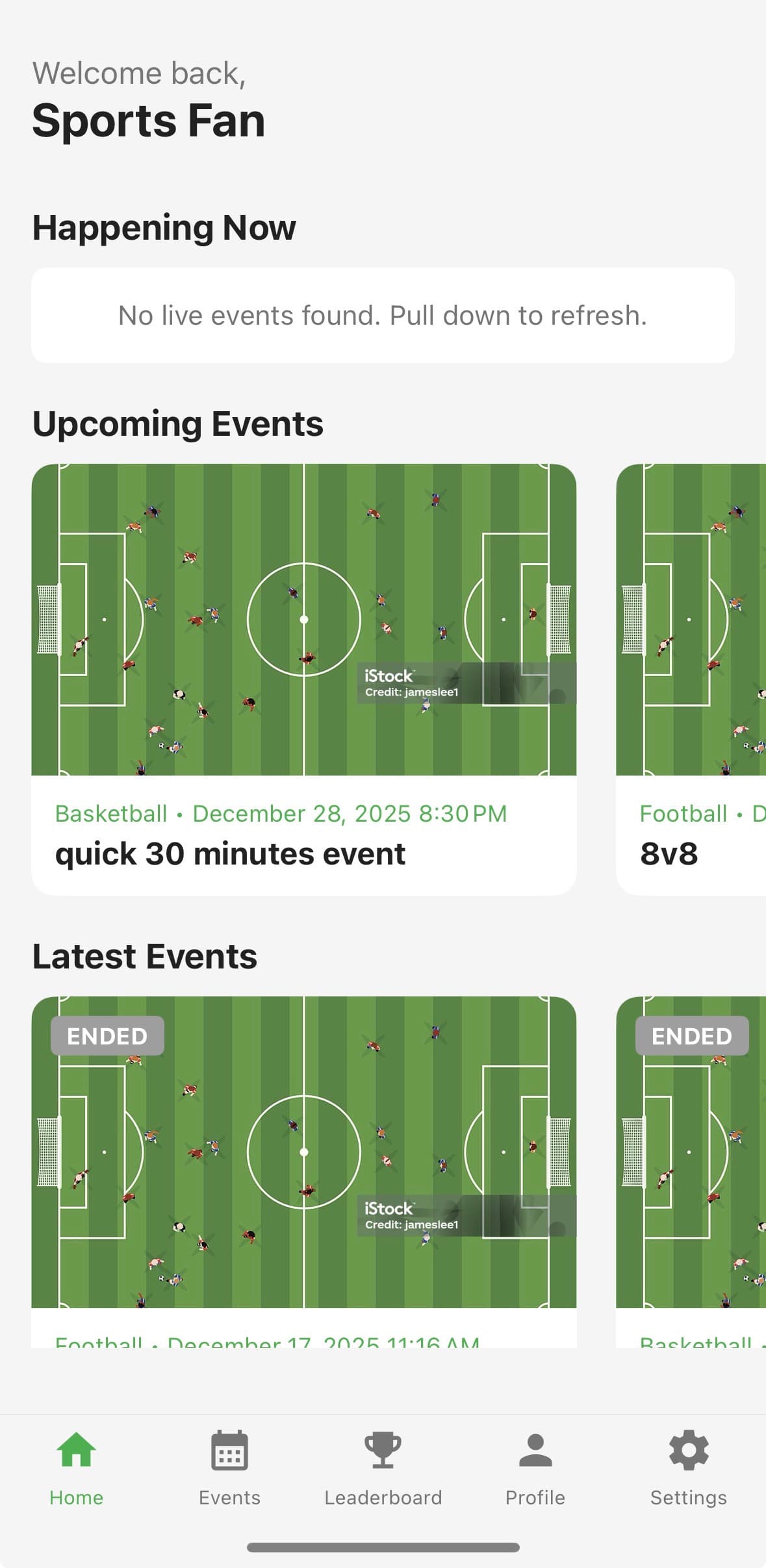 JoinNextMatch App - Home Screen